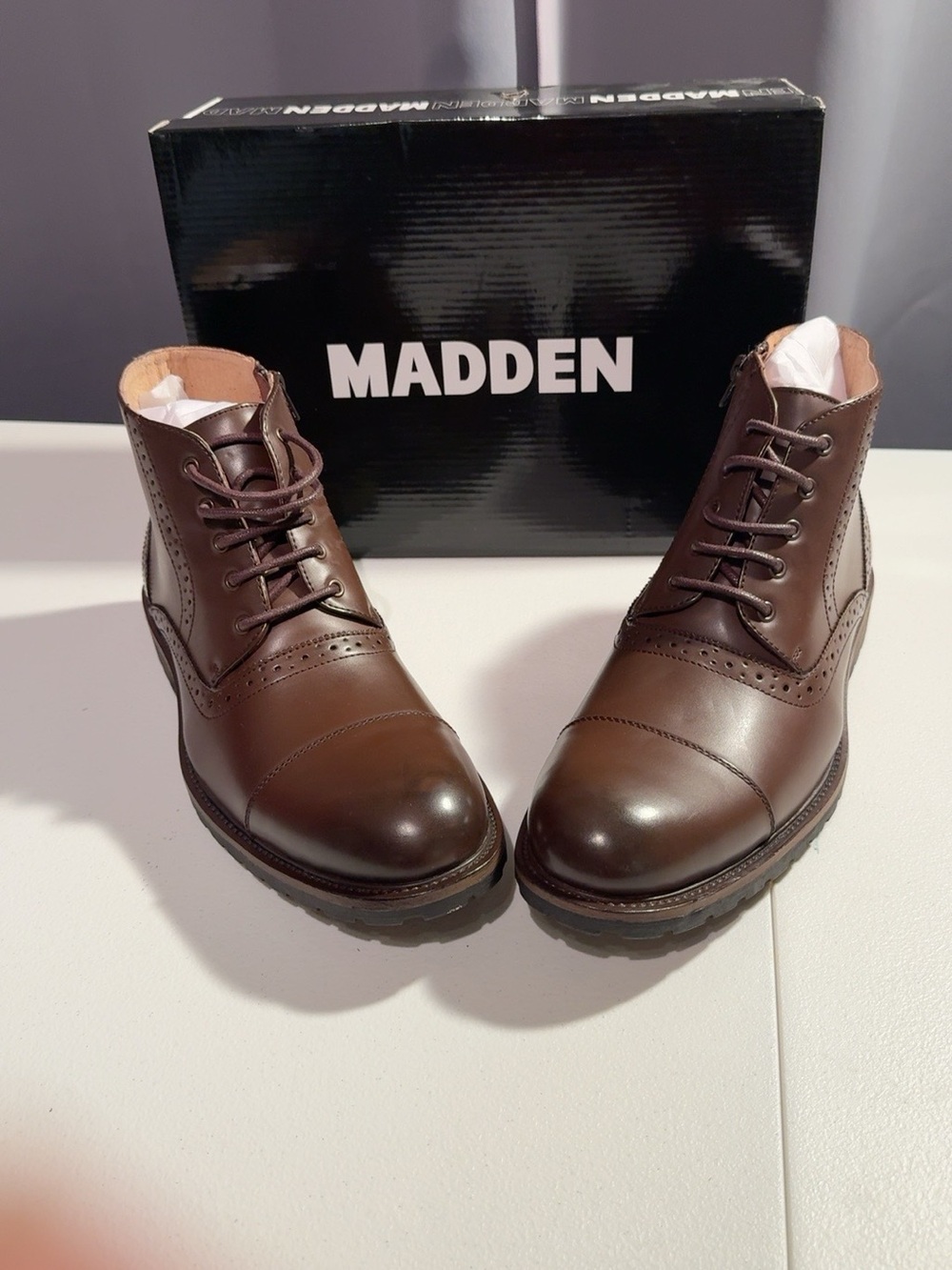 Madden M-Scribe Brown Leather Lace Up Side Zip Boots Men’s 11.5 New In Box